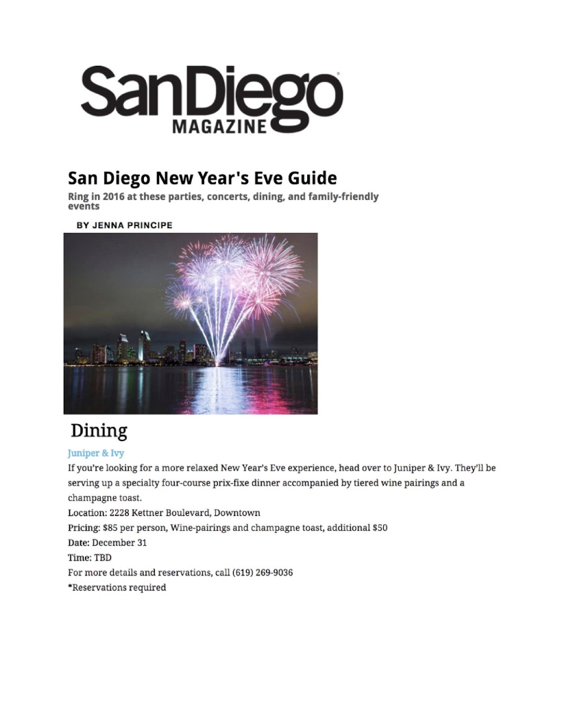 San Diego Magazine New Year’s Eve Guide Juniper & Ivy