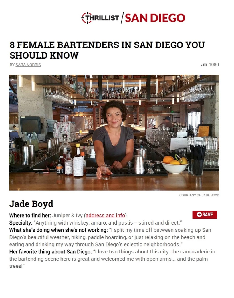 Thrillist article titled "8 Female bartenders in San Diego you should know"