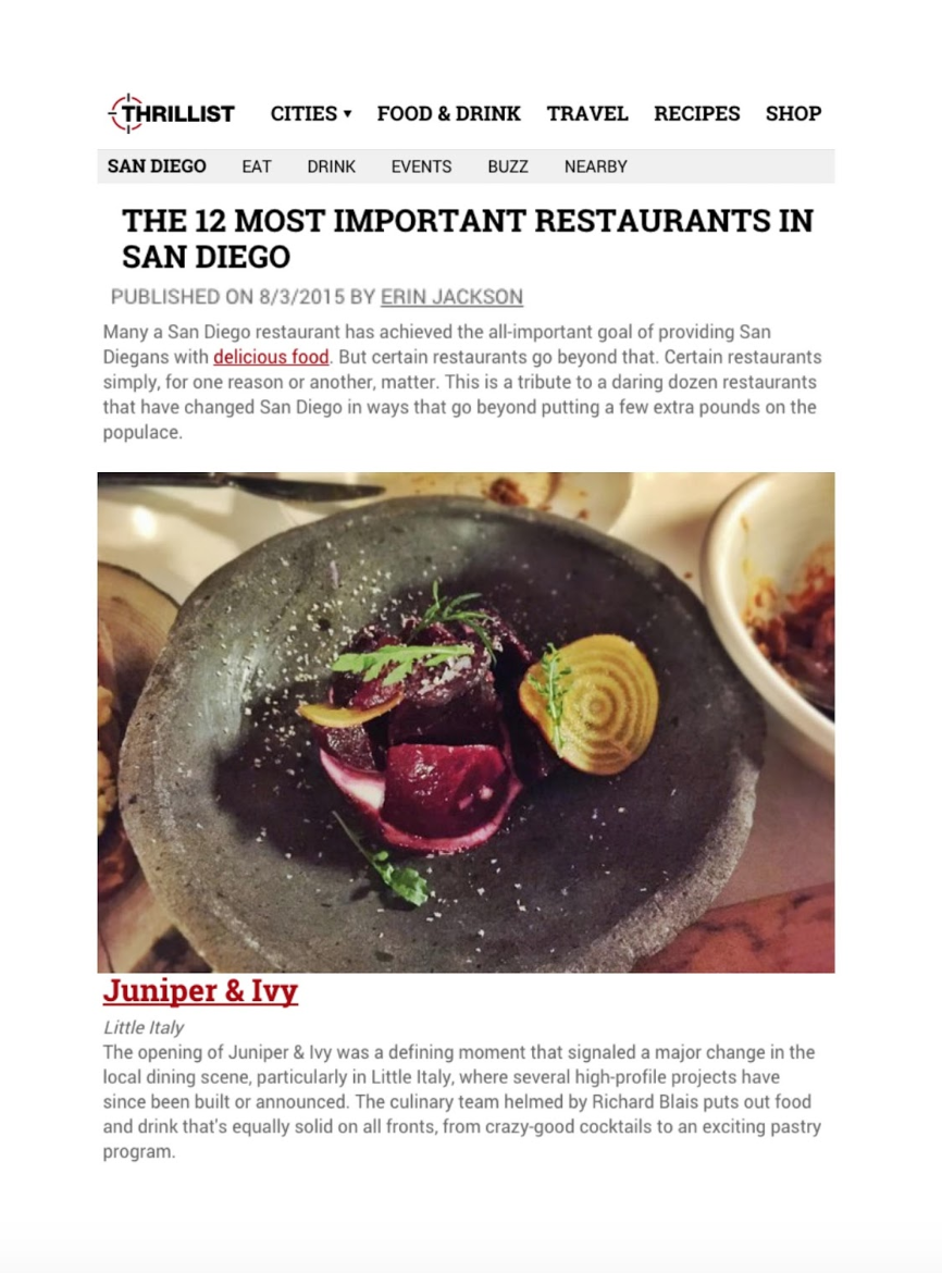 Thrillist article titled "The 12 most important restaurants in San Diego"