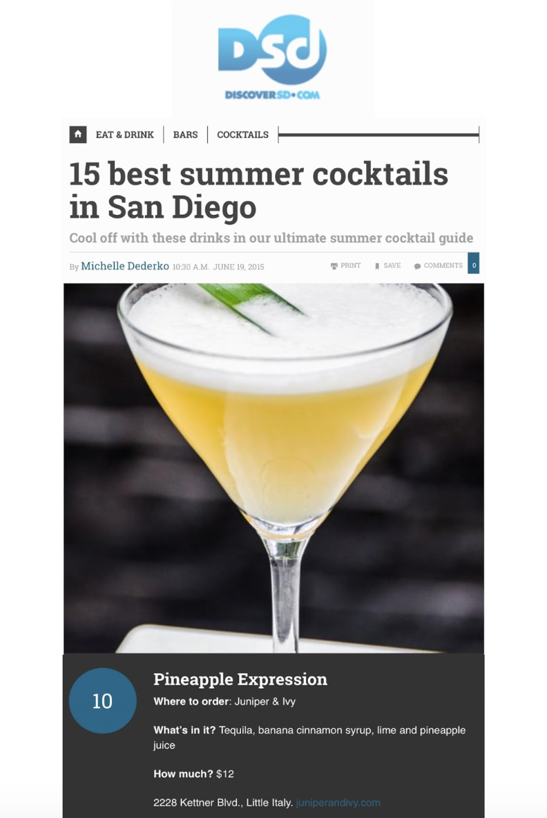 Discover SD article titled "15 best summer cocktails in San Diego"