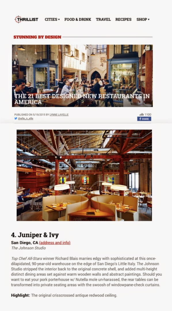 Thrillist article titled " The 21 Best designed restaurants in America"