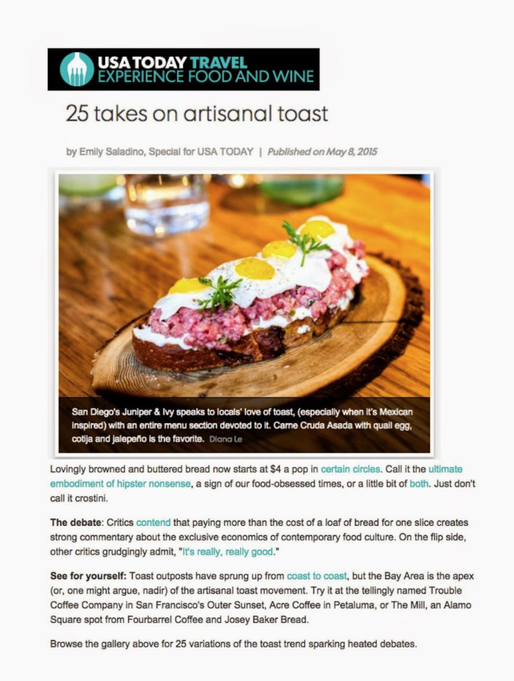 USA Today Travel article titled "25 takes on artisanal toast"