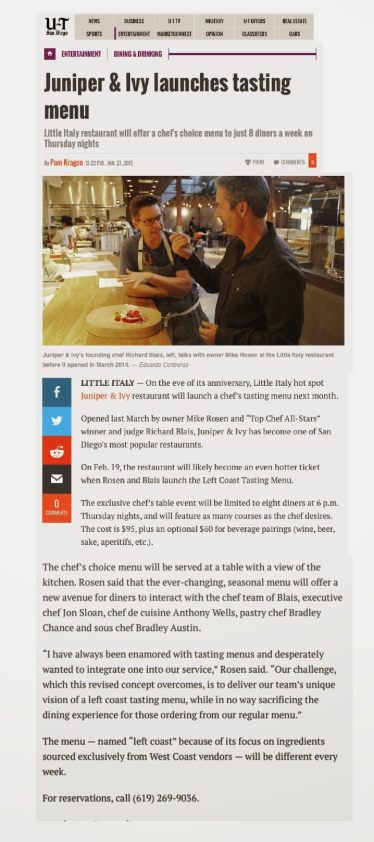 UT Article titled "Juniper & Ivy launches tasting menu"