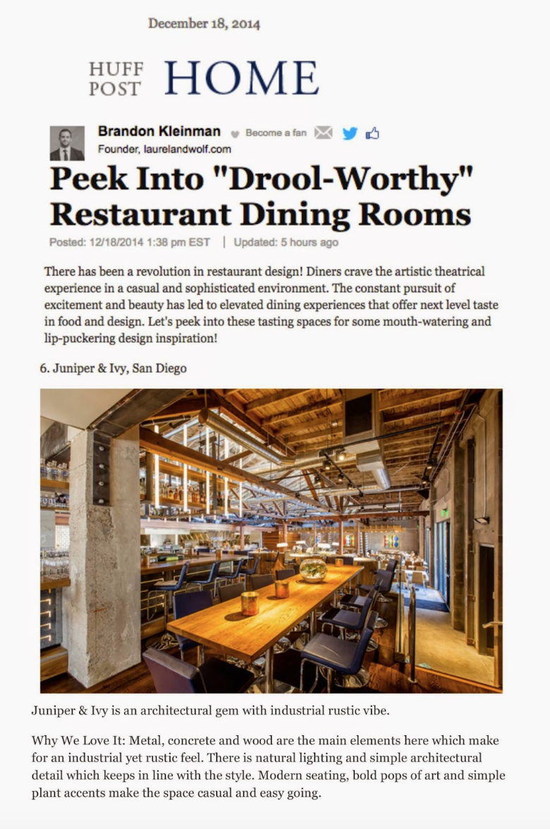 Huff Post Home article titled "Peek into 'Drool-Worthy' Restaurant Dining Rooms"