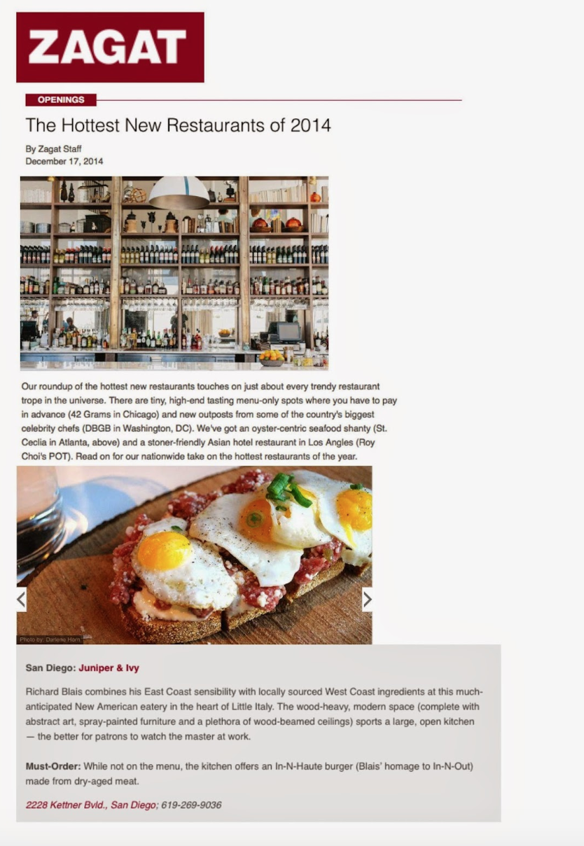 Zagat article titled, "Hottest new restaurants of 2014"