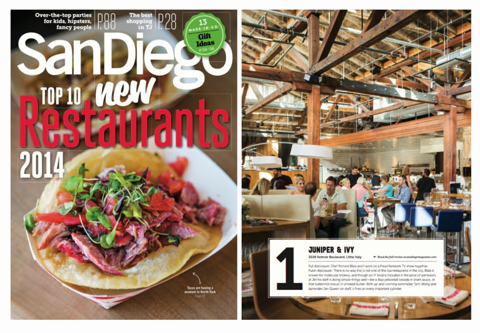 San Diego Magazine Cover and Article: Juniper & Ivy new restaurant