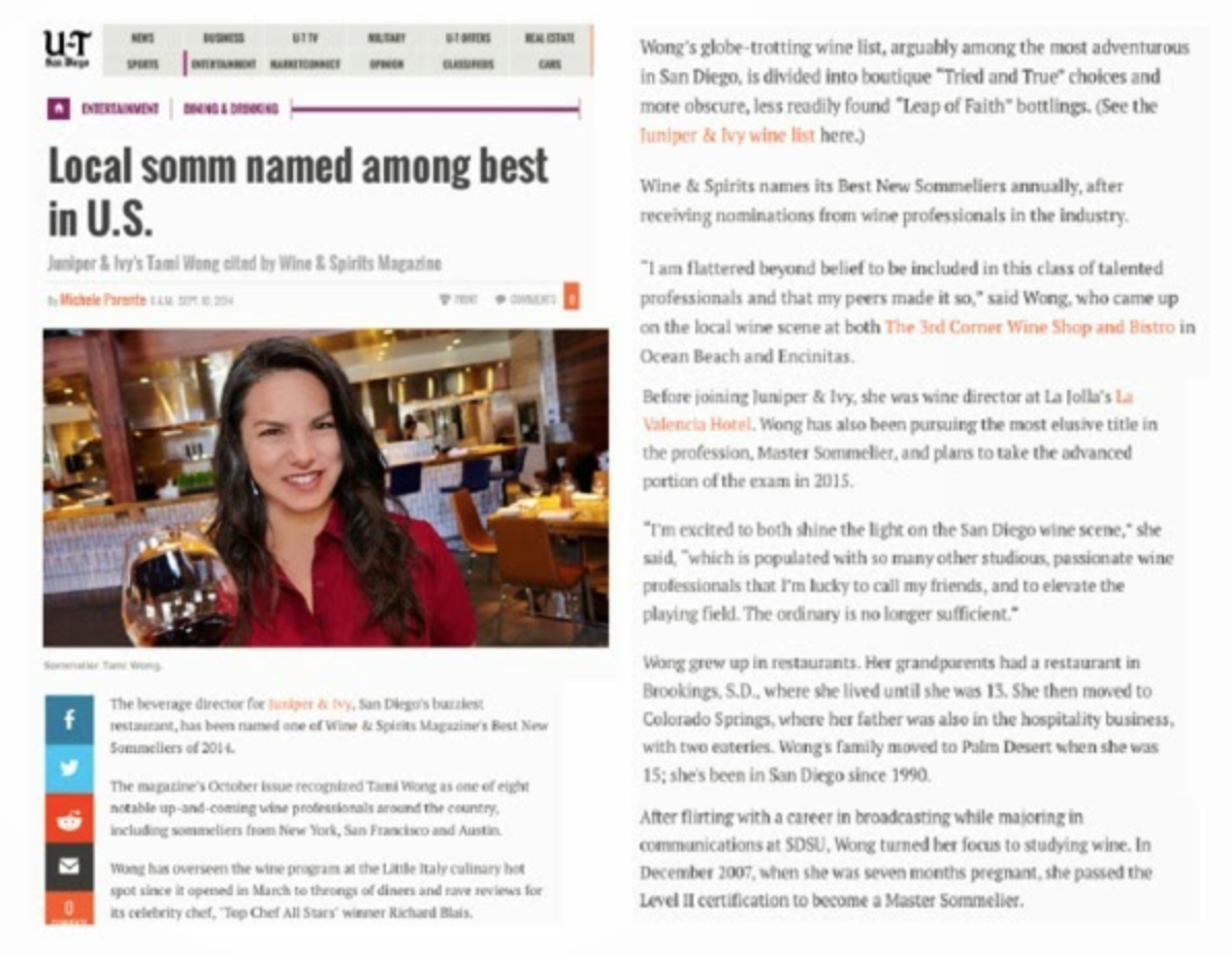 UT San Diego Article: Local somm named among best in U.S.