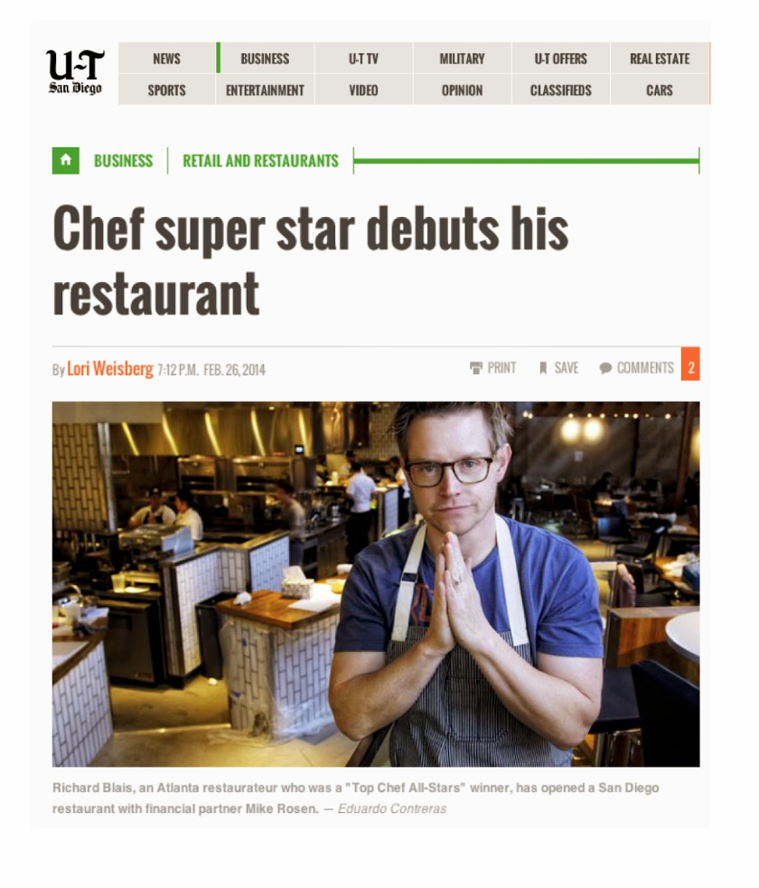 Screenshot of UT San Diego article titled "Chef super star debuts his restaurant"