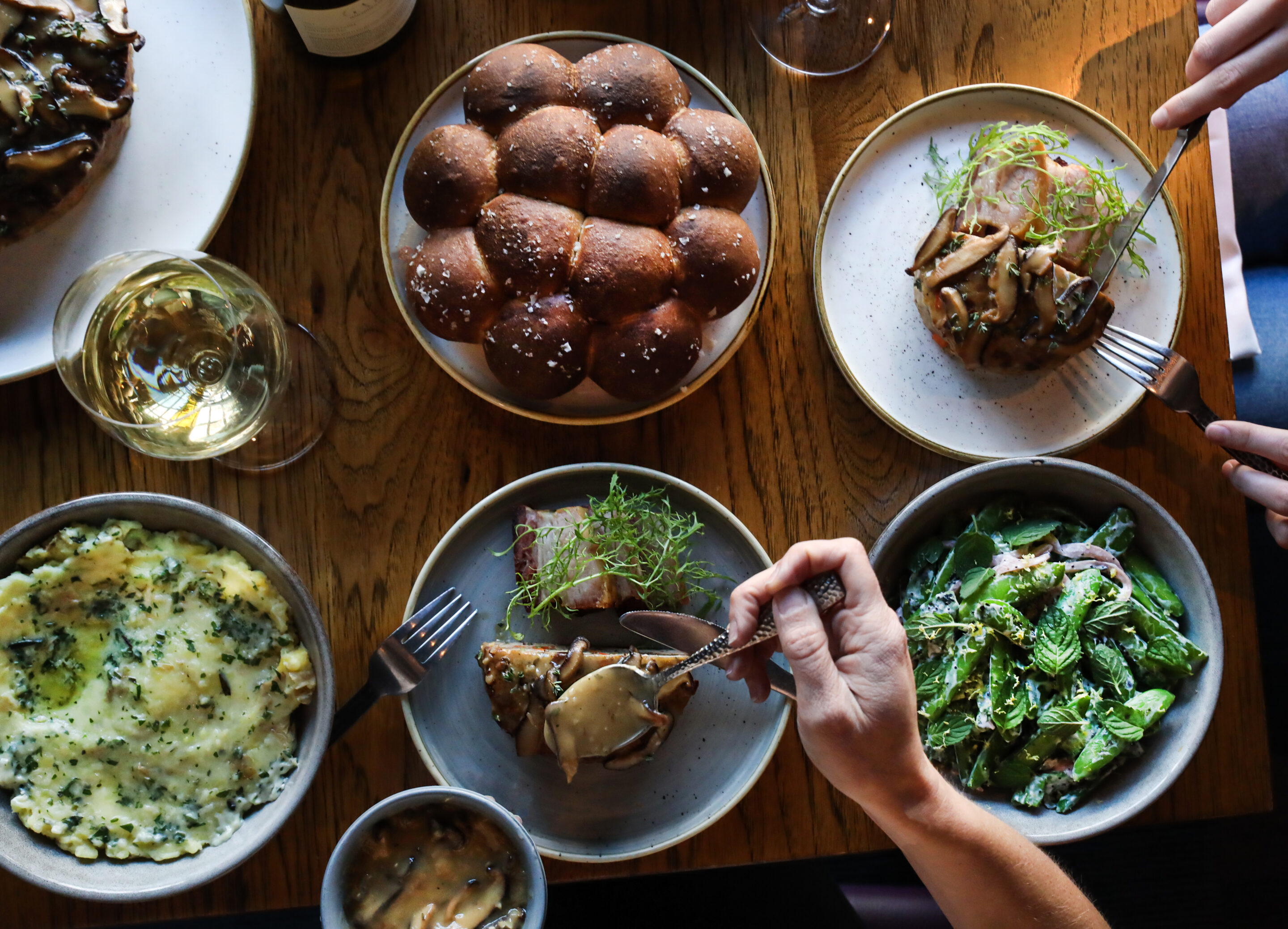 Overhead shot of spread of food on a table