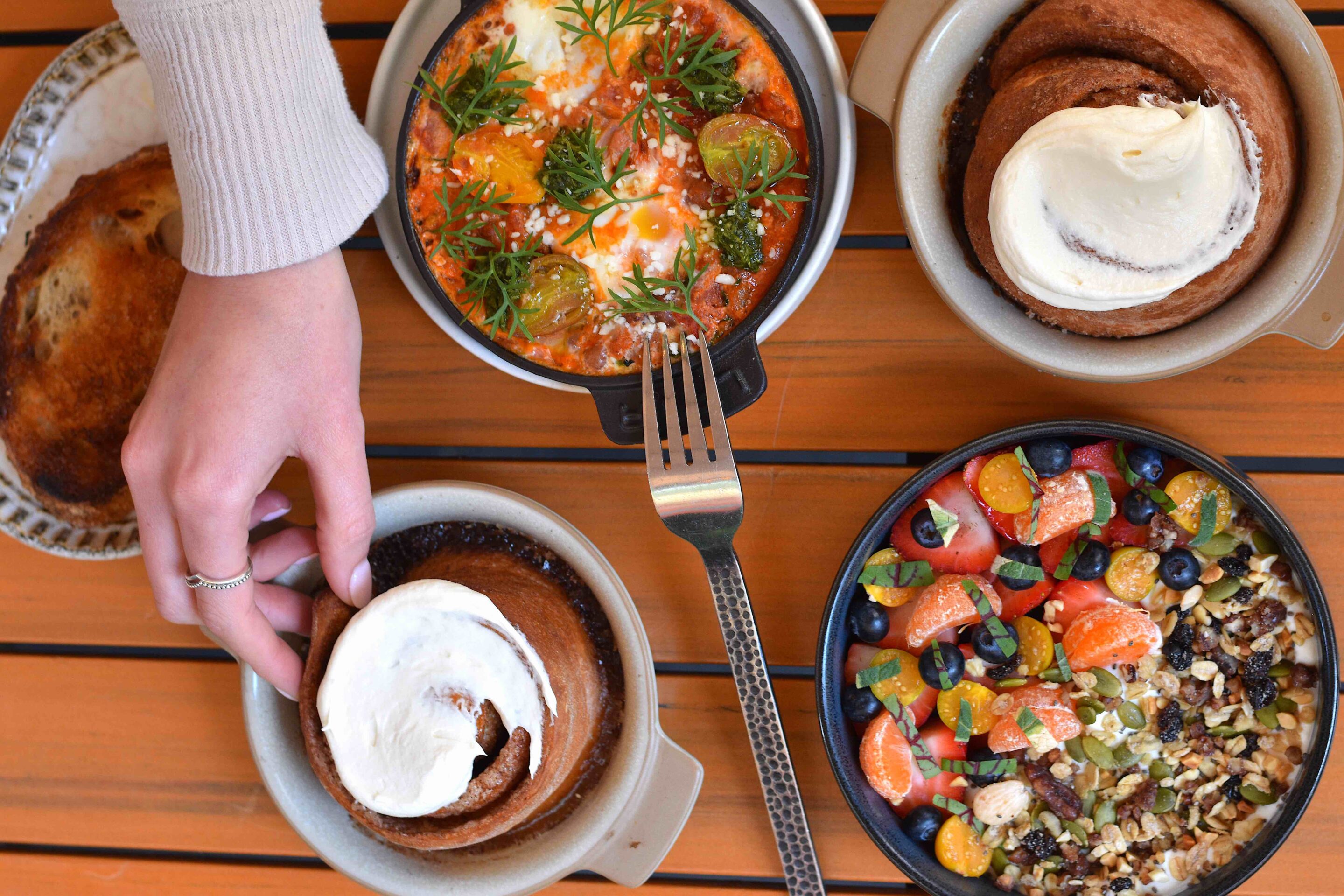 Spread of brunch food