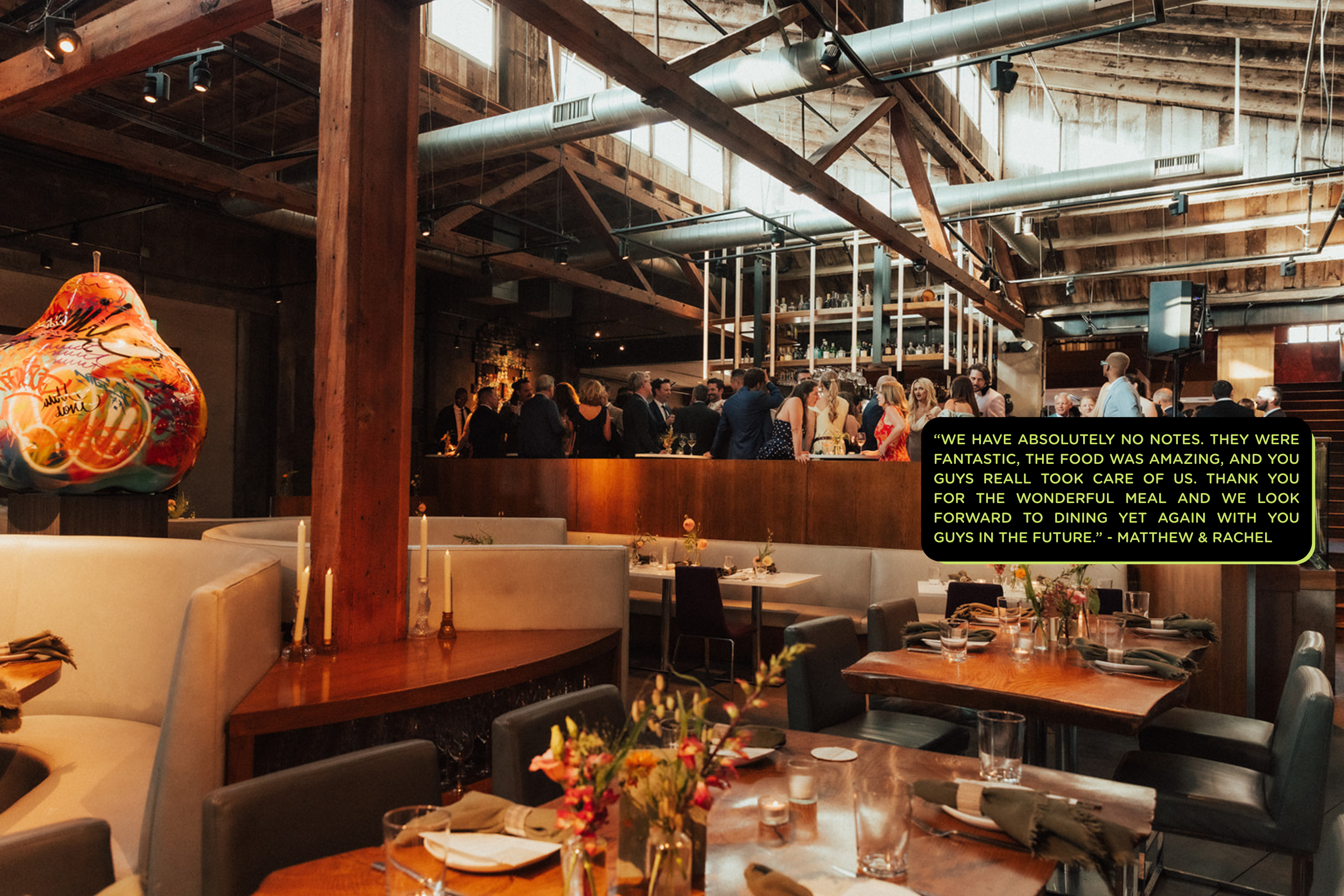 A restaurant with people grouped in the back with text overlay.