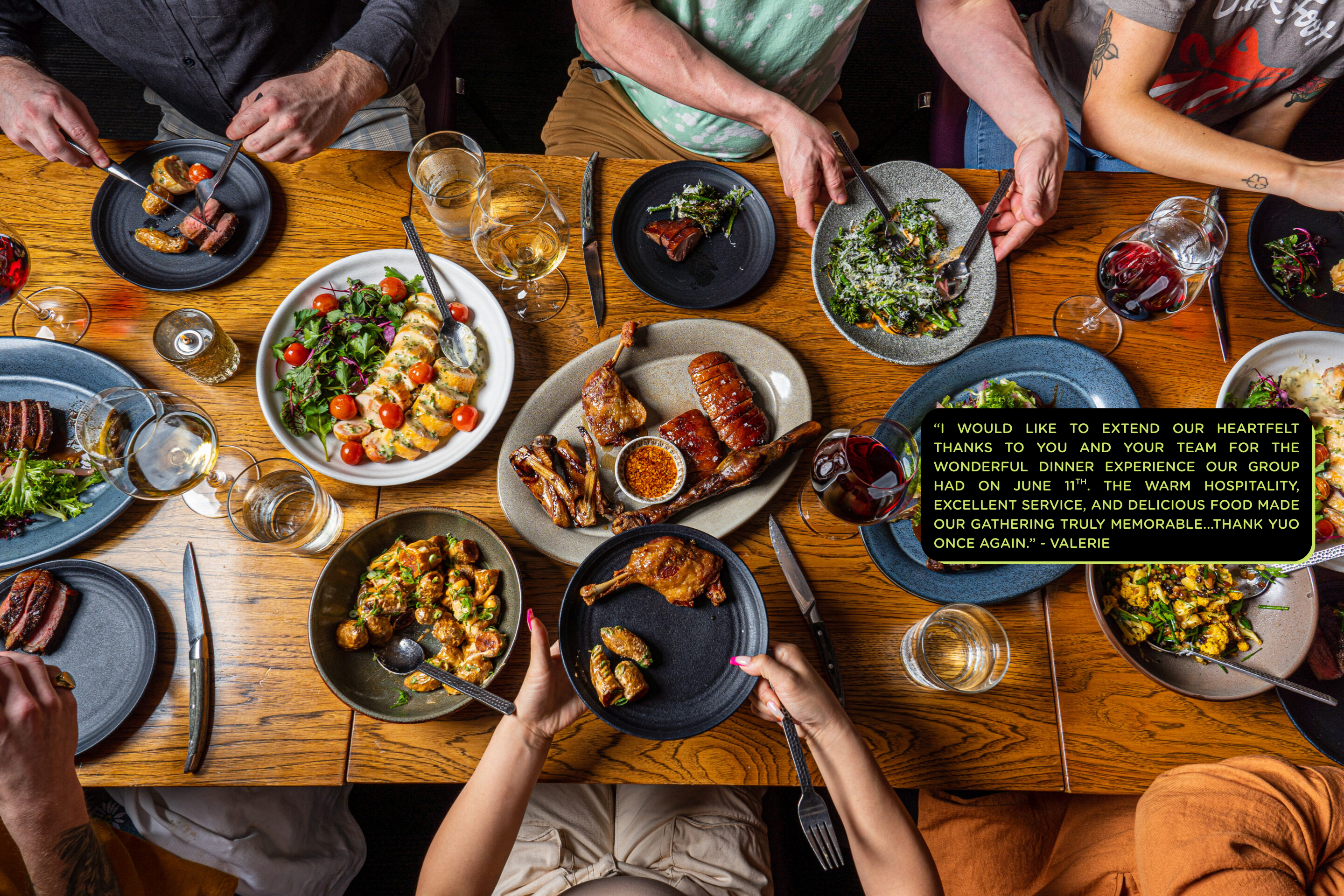 Overhead shot of a table with food and drinks on it with text overlay.