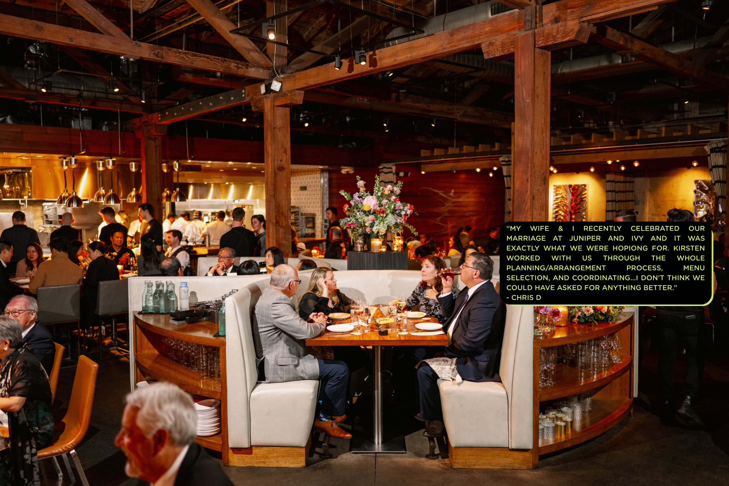 People in fancy attire sitting in a restaurant with text overlay.