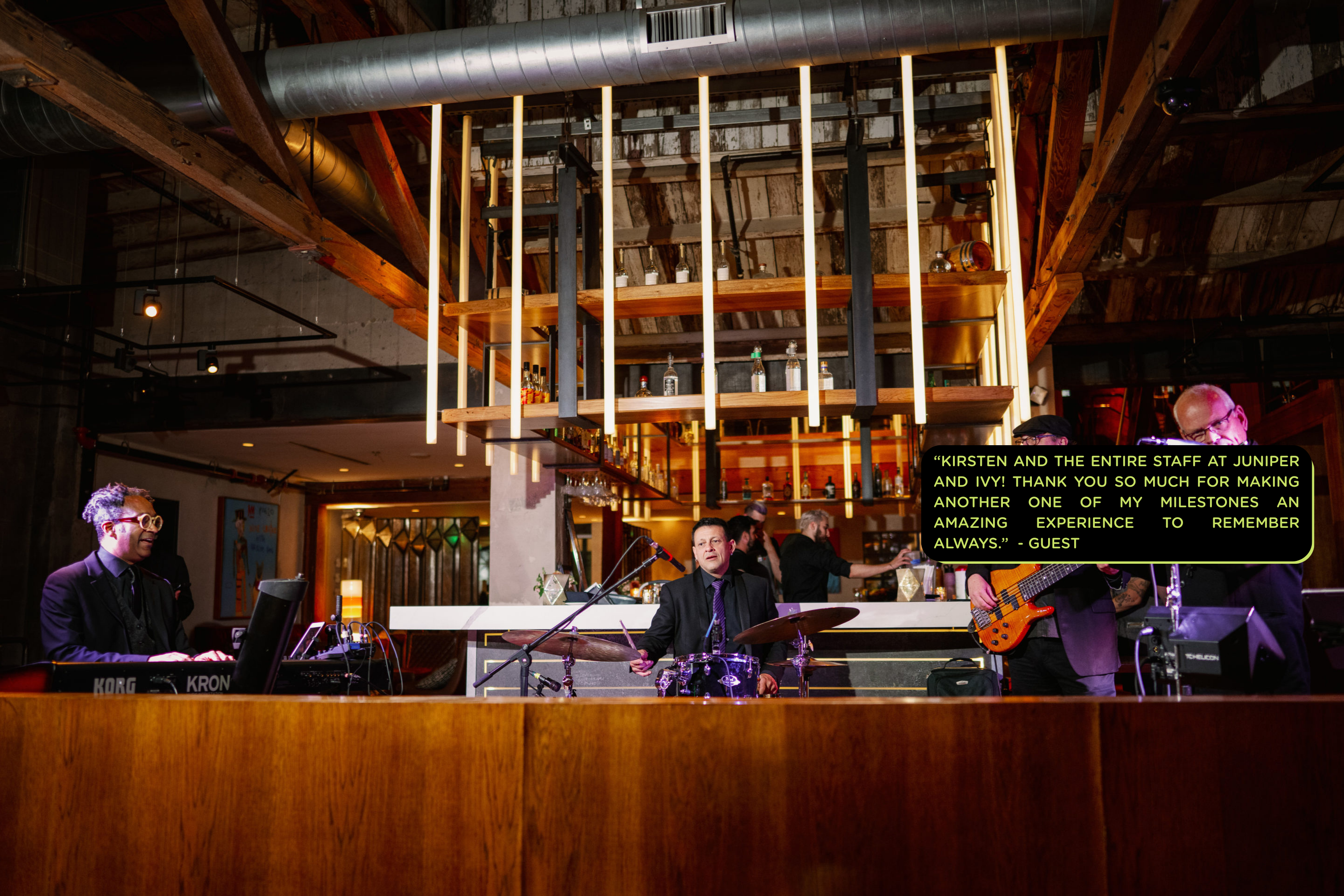 A band performing in a venue with text overlay.