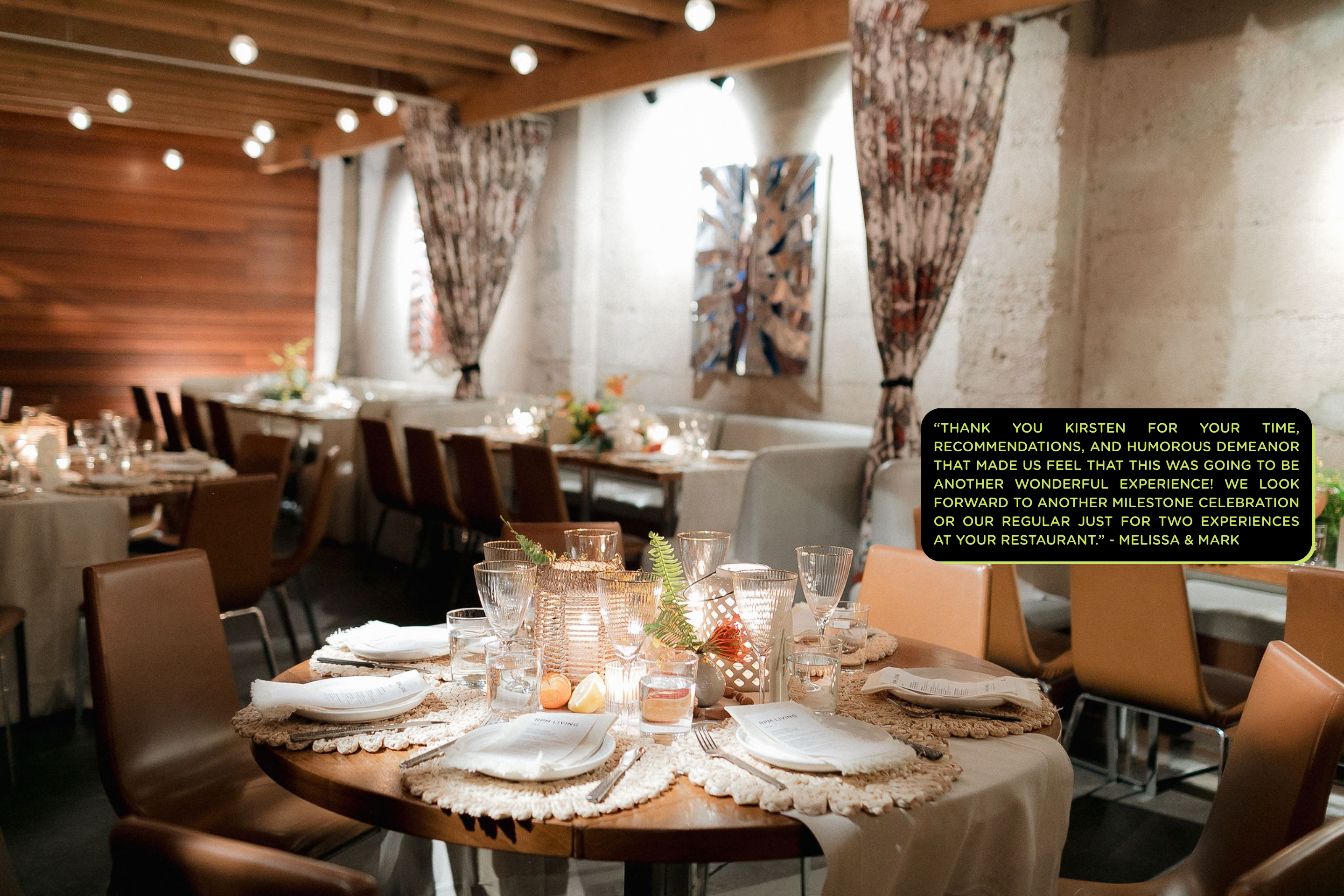 Tables with decorations and dishware with text overlay.