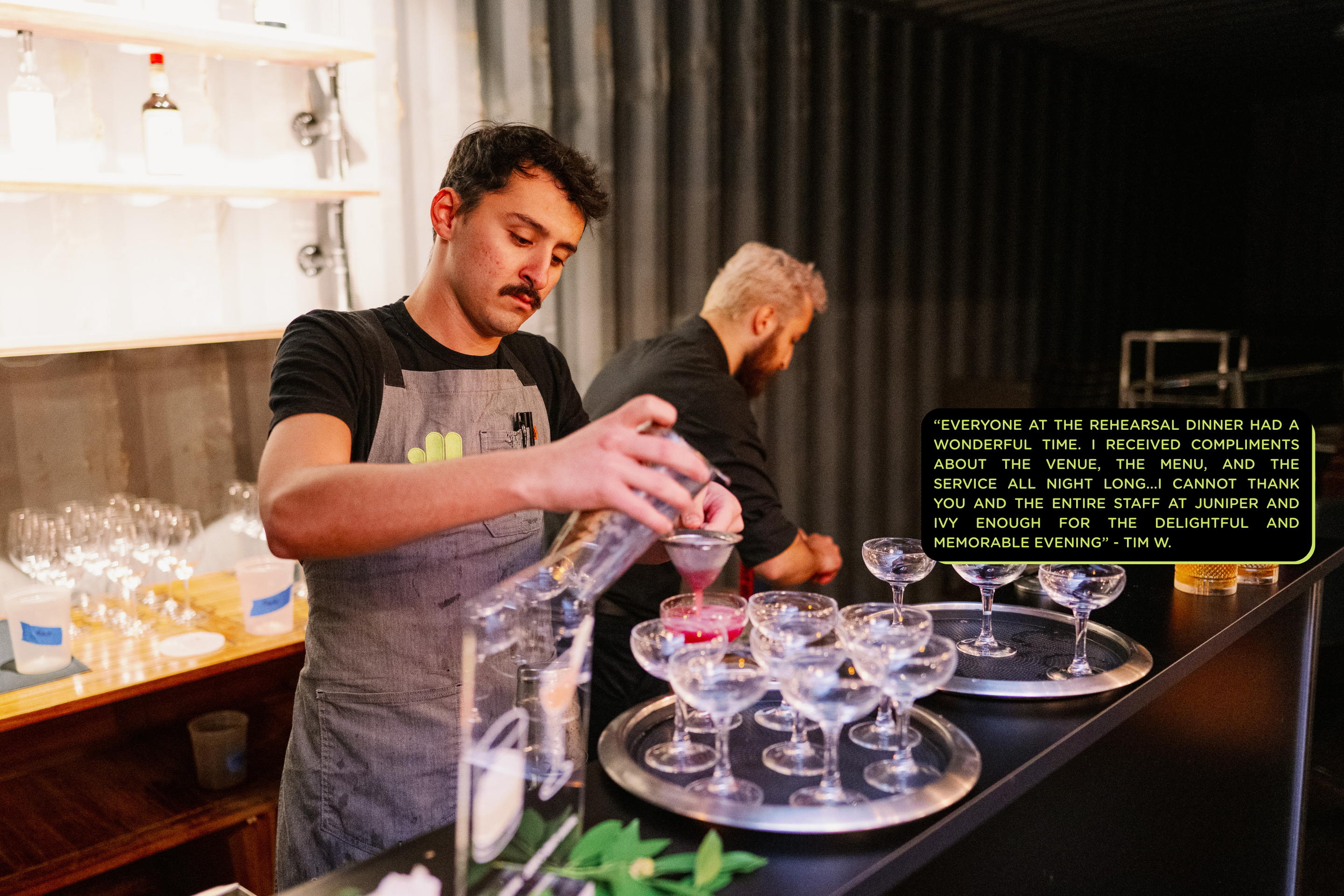 A bartender pouring cocktails on a tray with text overlay.