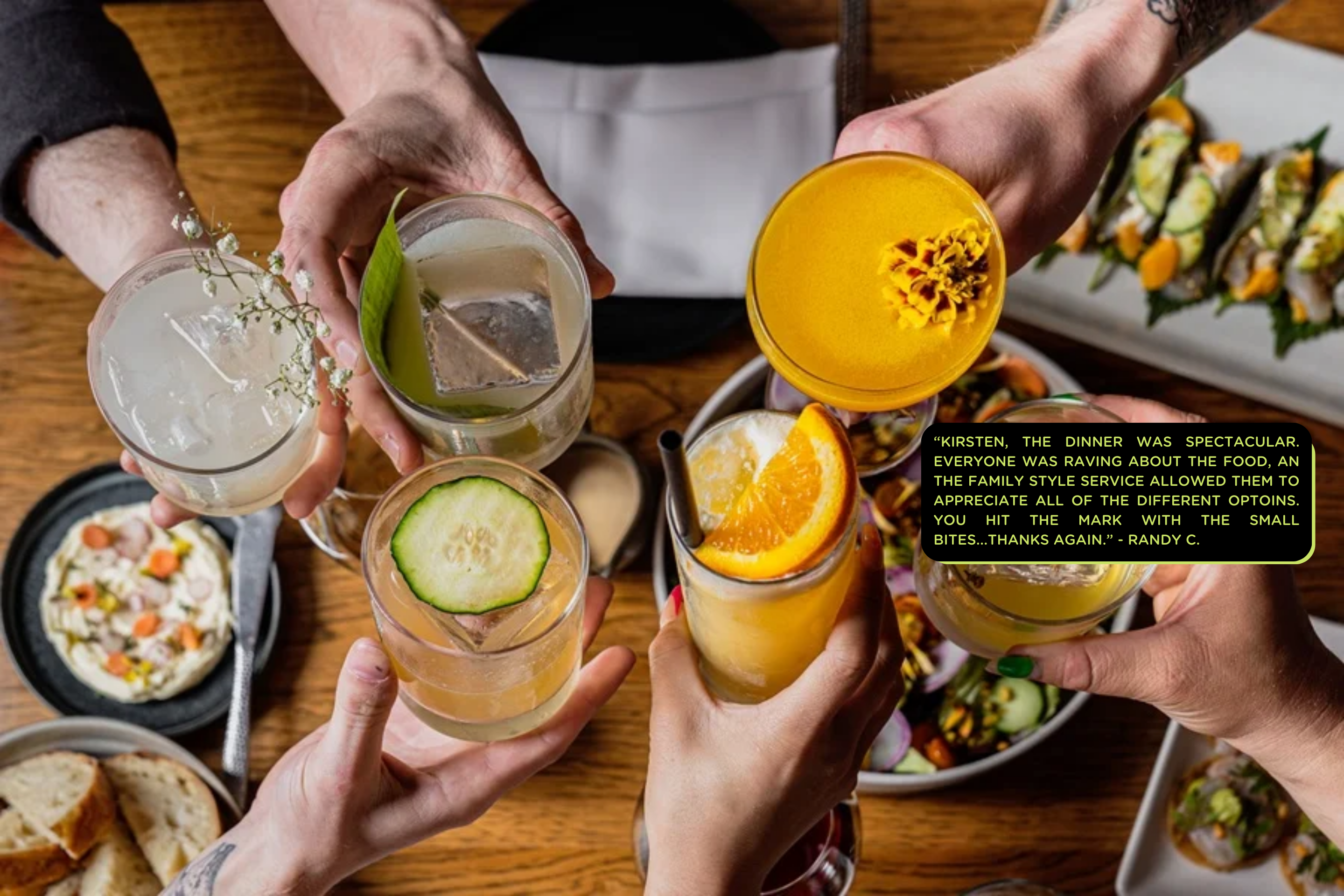 Cocktails cheersing over a table with text overlay.