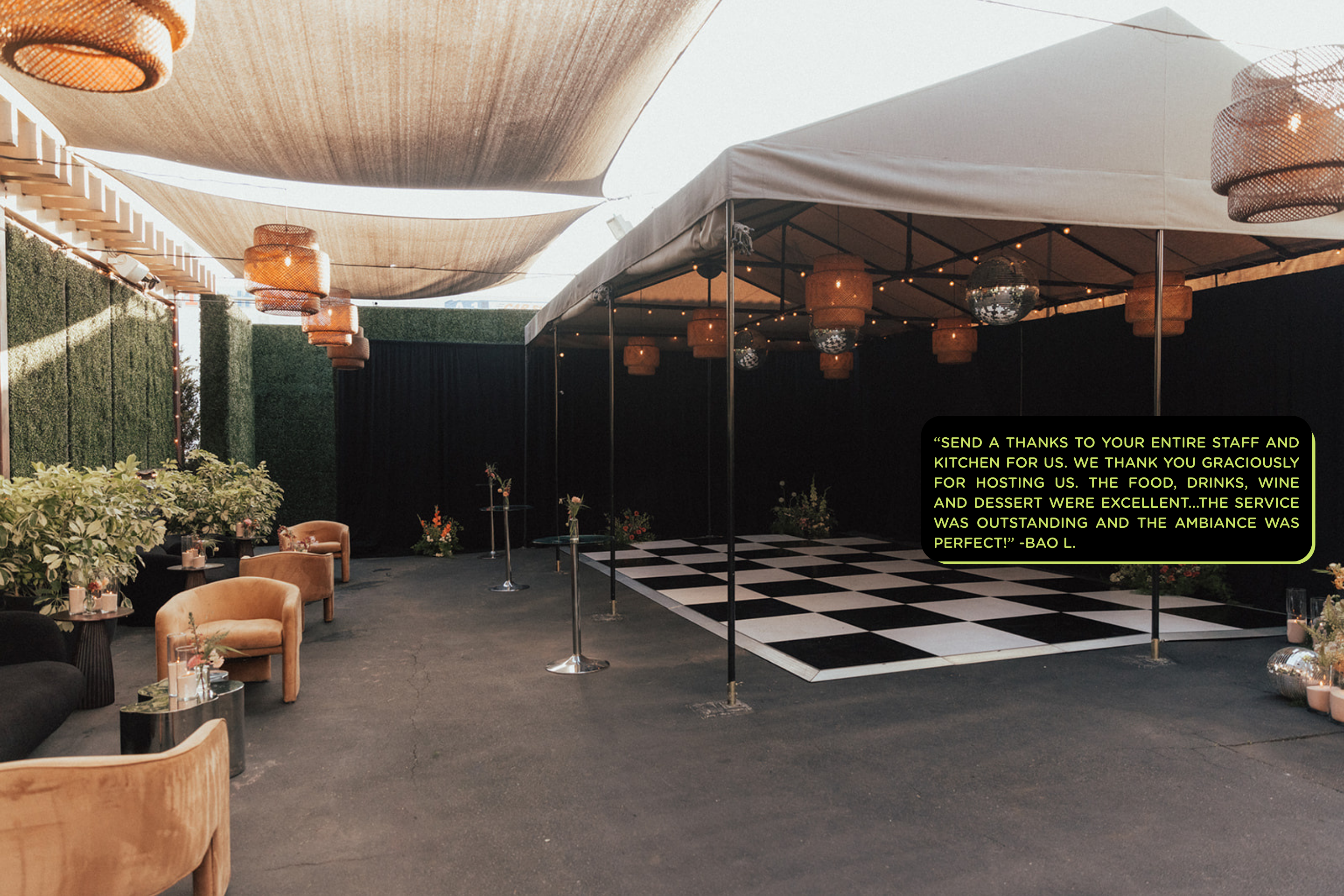 An outside venue decorated for a party with text overlay.
