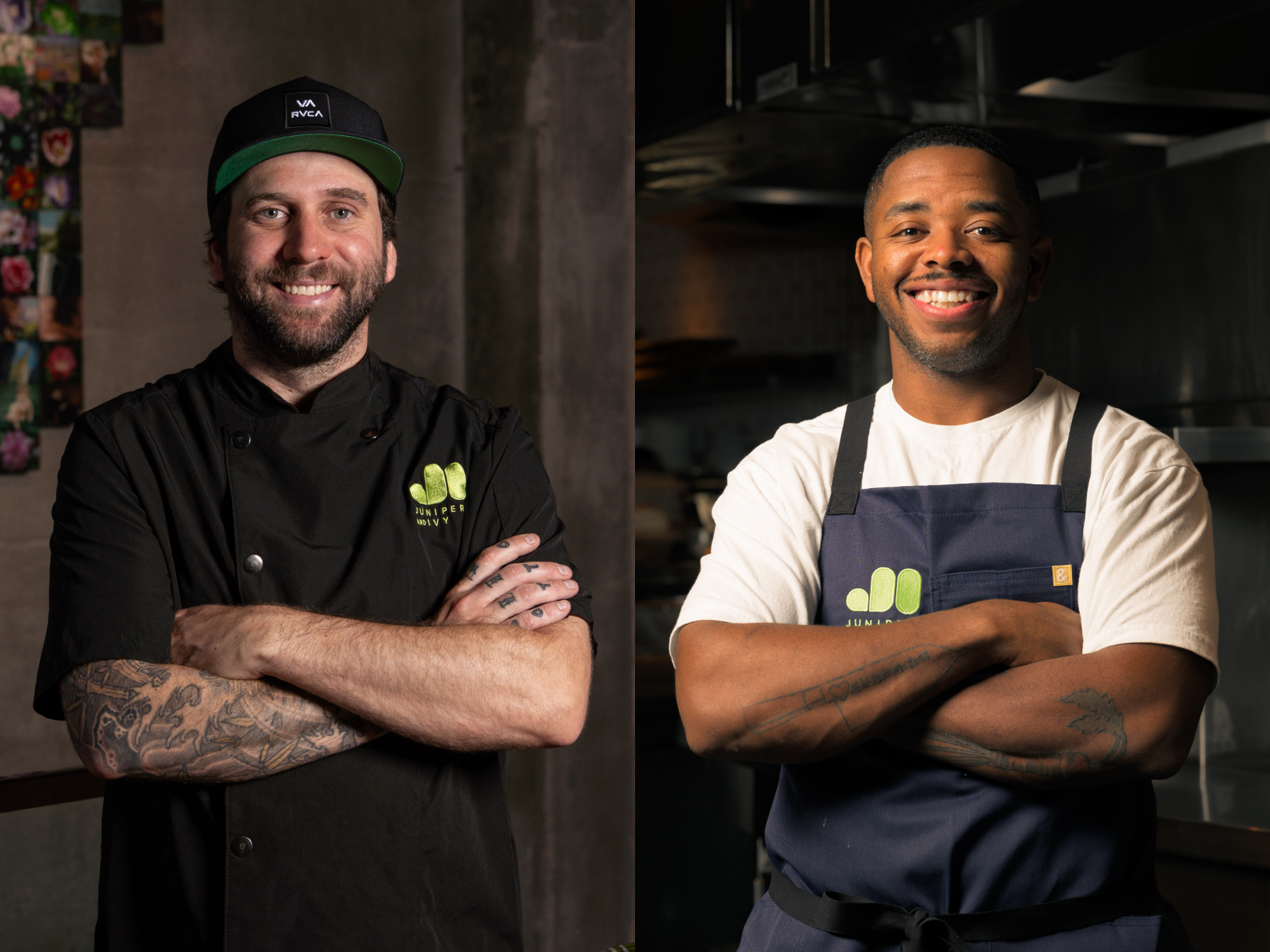 Two chefs with their arms crossed next to each other in different areas.